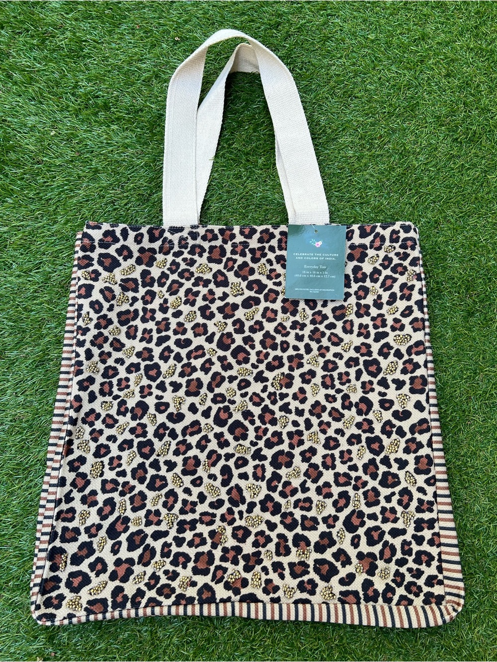 LEOPARD BEADED CANVAS TOTE BAG